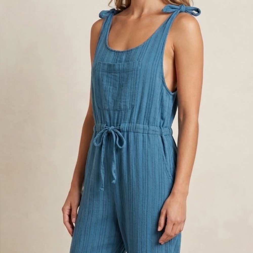 Soul Flower Teal Tie-Shoulder Drawstring Jumpsuit